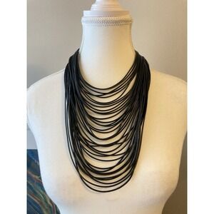 ZENZII Black Multi Strand Cord Statement Necklace Silver Tone Logo Modern Bib